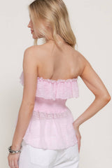 Waist Smocking & Ruffle Detail Stretch lace Tue Top