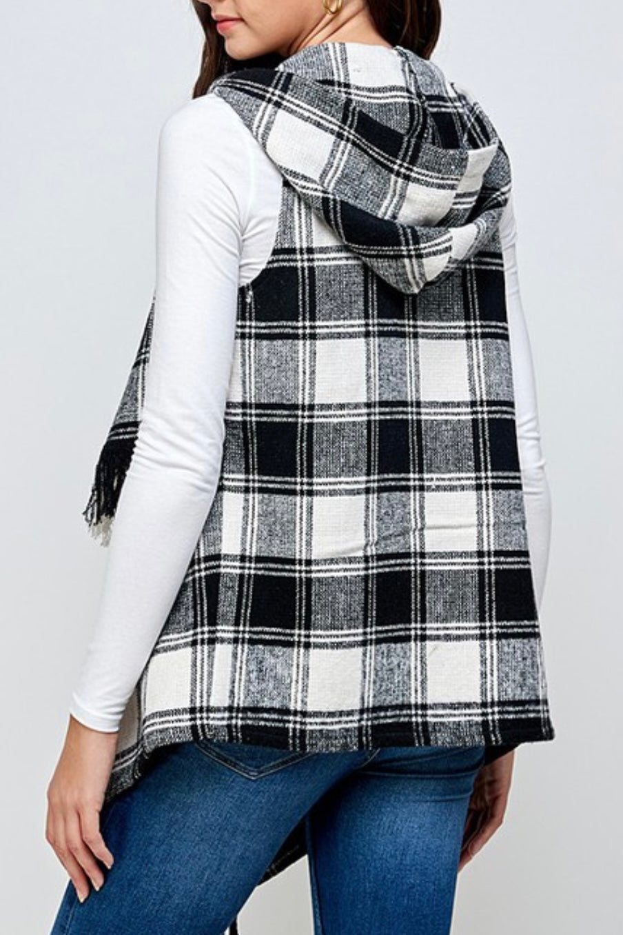 PLAID HOODY VEST WITH FRINGE DETAIL