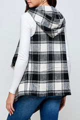 PLAID HOODY VEST WITH FRINGE DETAIL
