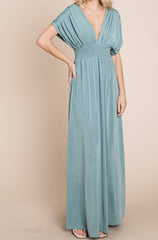 SMOCKED WAIST MAXI WITH ROUCHED SLEEVE DETAIL