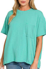 SHORT SLEEVE TWO TONE RIBBED TEE WITH POCKET