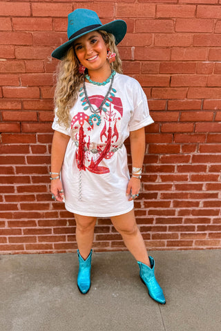 SHORT SLEEVE TSHIRT DRESS WITH SEQUIN BOOT GRAPHIC AND FRINGE