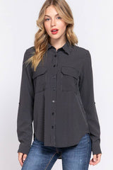 LONG SLEEVE PIN STRIPED BUTTON DOWN COLLARED SHIRT