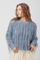 LONG SLEEVE ROUND NECK SWEATER WITH SEQUIN FRINGE DETAILS