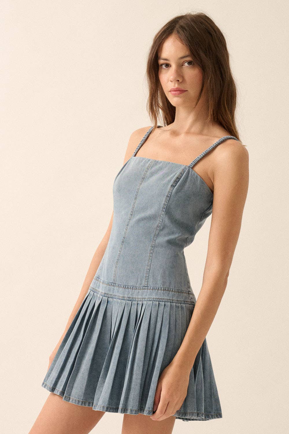 DENIM  CAMI DROP WAIST PLEATED SKIRT DRESS