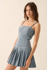 DENIM  CAMI DROP WAIST PLEATED SKIRT DRESS