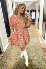 SHORT DOLMAN SLEEVE FLORAL PRINT DRESS WITH TIE WAIST