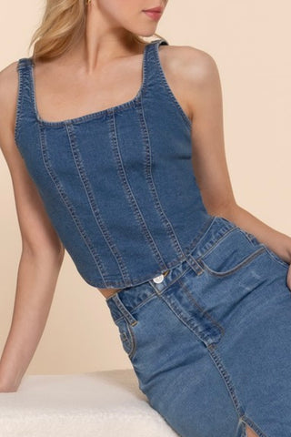 DENIM CORSET STYLE TANK WITH ZIPPERED BACK