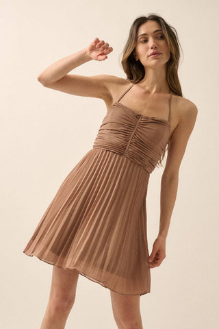 PLEATED HALTER DRESS WITH TIE BACK DETAIL