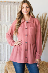 CURVY LONG SLEEVE BRUSHED WAFFLE KNIT BUTTON DOWN TOP