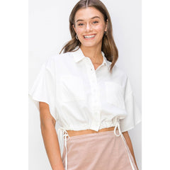 BUTTON DOWN DRAWSTRING CROP TOP