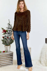 FUZZY V NECK LONG SLEEVE SWEATER WITH CROCHET SLEEVE DETAIL