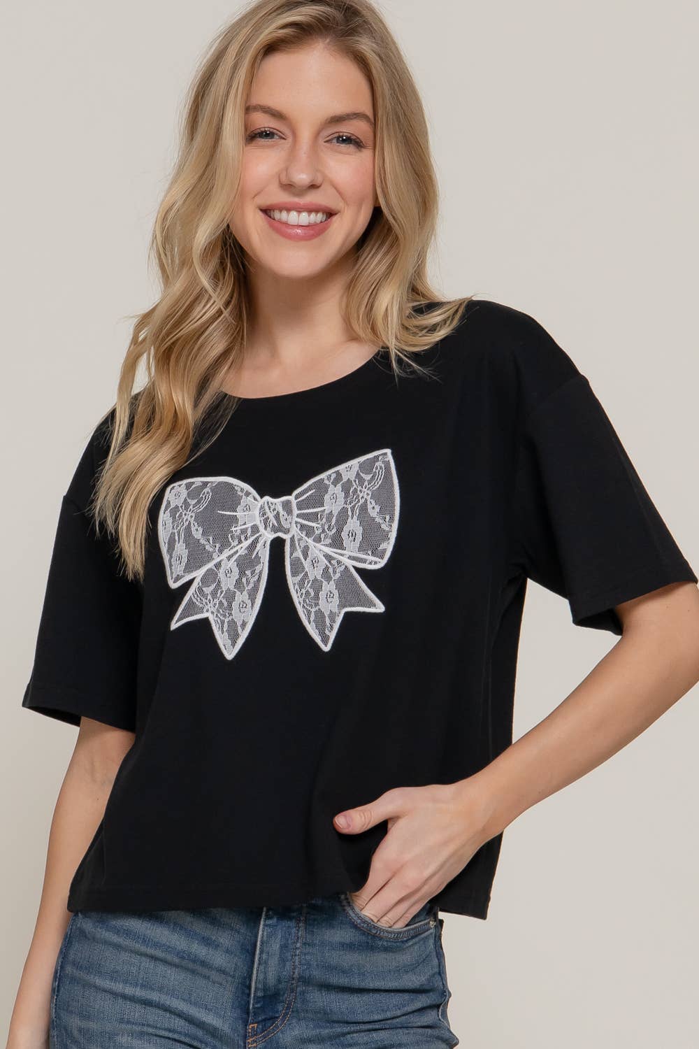 Short Sleeve Crew Neck Lace Patch Oversize Cotton Jersey Top