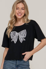 Short Sleeve Crew Neck Lace Patch Oversize Cotton Jersey Top