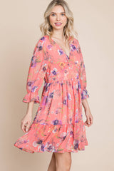 3/4 SLEEVE FLORAL CHIFFON DRESS