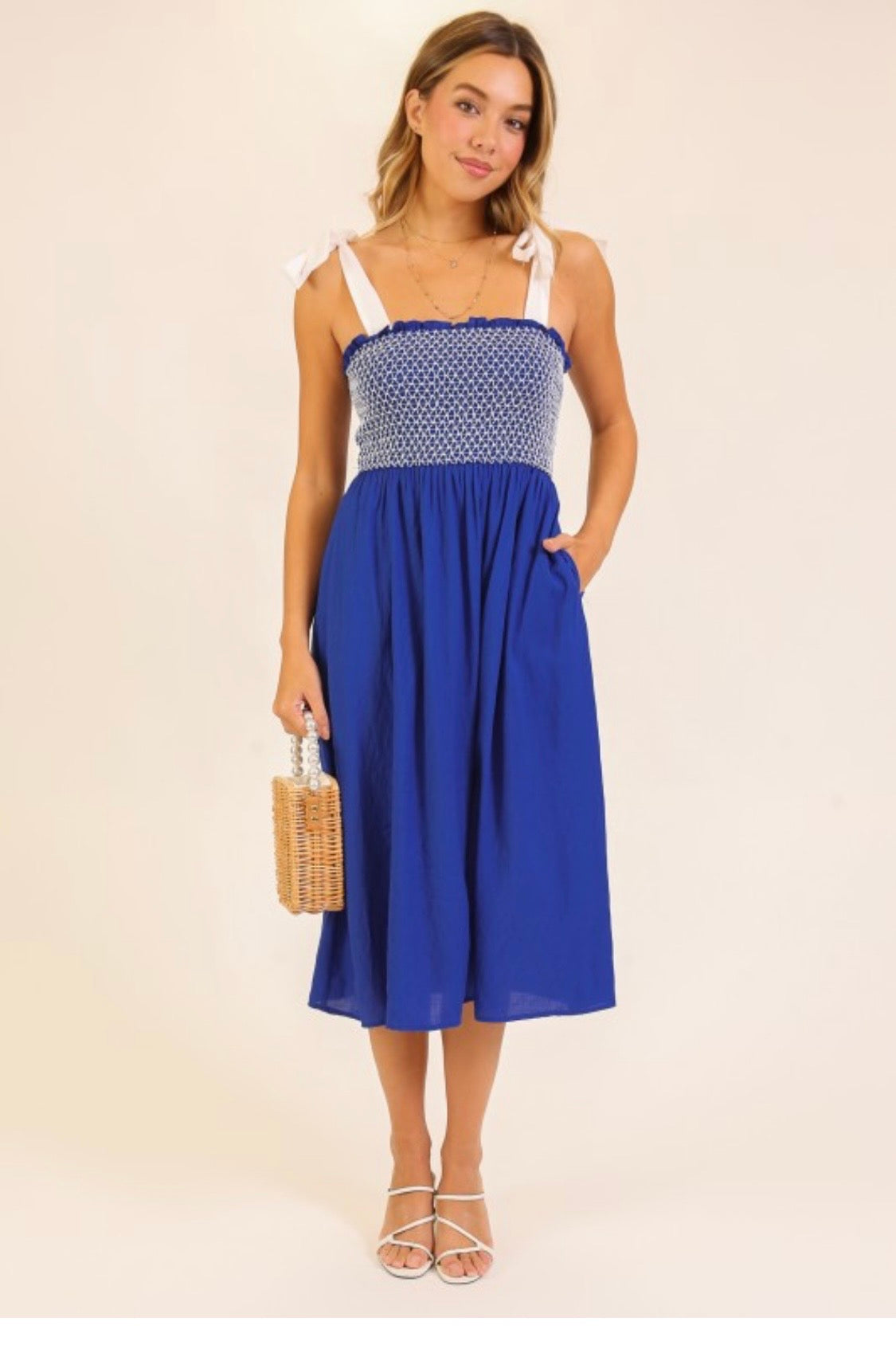 SMOCKED SHIRRED TOP MIDI DRESS WITH TIE STRAPS