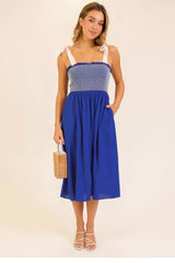 SMOCKED SHIRRED TOP MIDI DRESS WITH TIE STRAPS