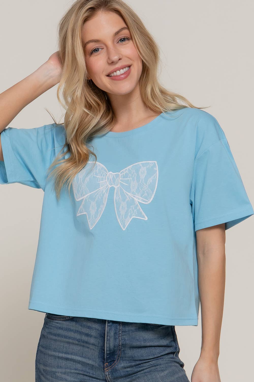 Short Sleeve Crew Neck Lace Patch Oversize Cotton Jersey Top