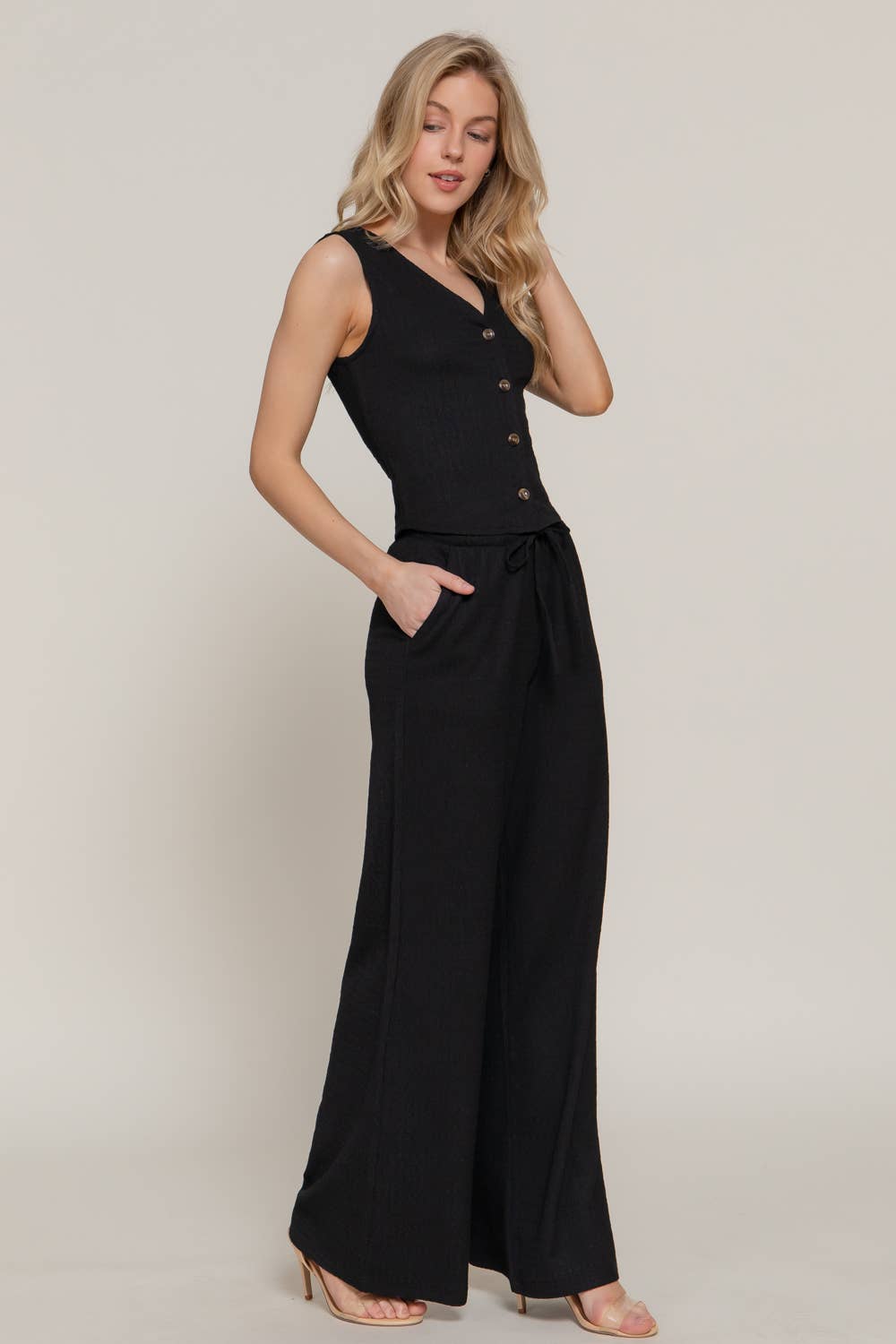 V-Neck Button Closure Vest & Long Pants Set