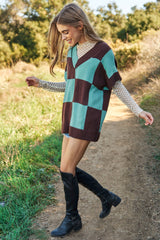 MULTICOLOR CHECKERED V NECK OVERSIZED SWEATER VEST