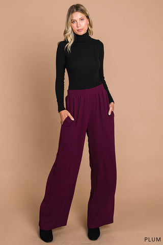 ELASTIC WAIST PLEATED WIDE LEG PANTS