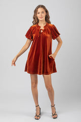 SHORT PUFF SLEEVE VELVET DRESS WITH TIE NECK DETAIL