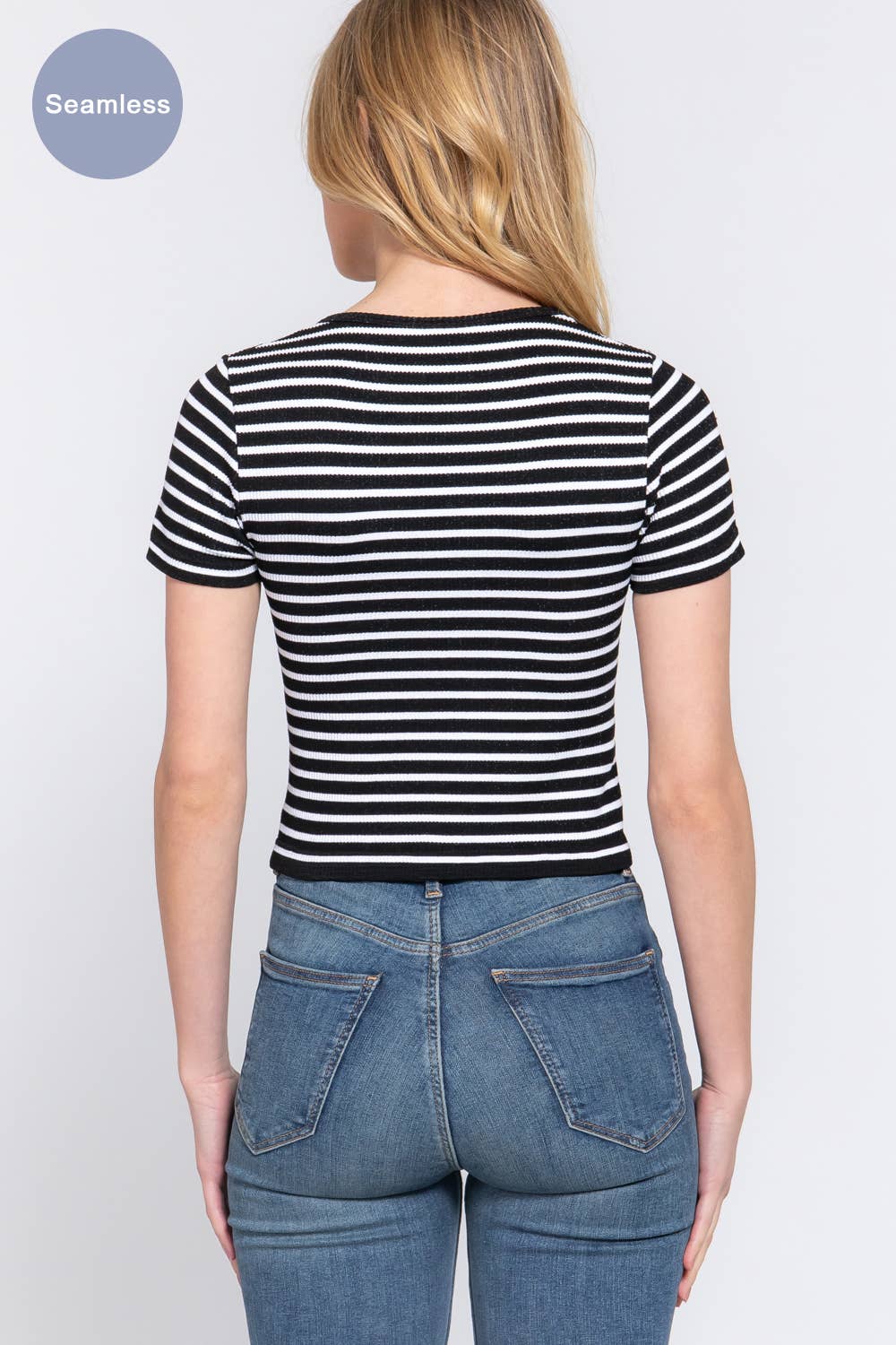 Short Sleeve Crew Neck Stripe Seamless Rib Knit Top