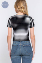 Short Sleeve Crew Neck Stripe Seamless Rib Knit Top