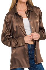 LONG SLEEVE RELAXED FIT SATIN BUTTON DOWN TOP WITH SHELL BUTTONS