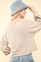 LONG BUBBLE SLEEVE DROPPED SHOULDER PULLOVER WITH TWO TONE RIBBED DETAIL