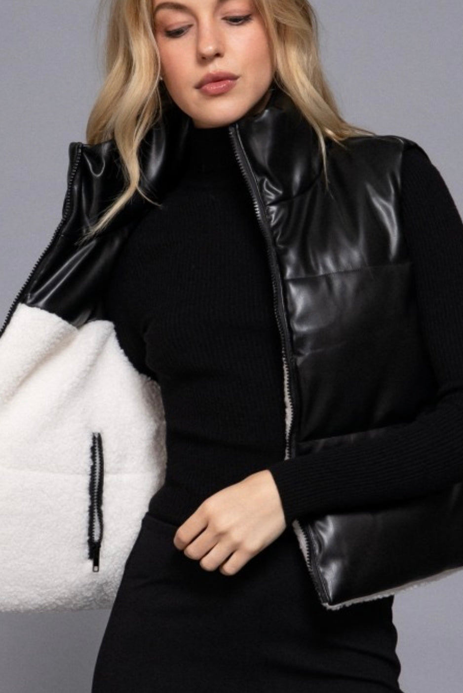 REVERSIBLE VEGAN LEATHER AND SHERPA VEST