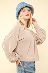 LONG BUBBLE SLEEVE DROPPED SHOULDER PULLOVER WITH TWO TONE RIBBED DETAIL