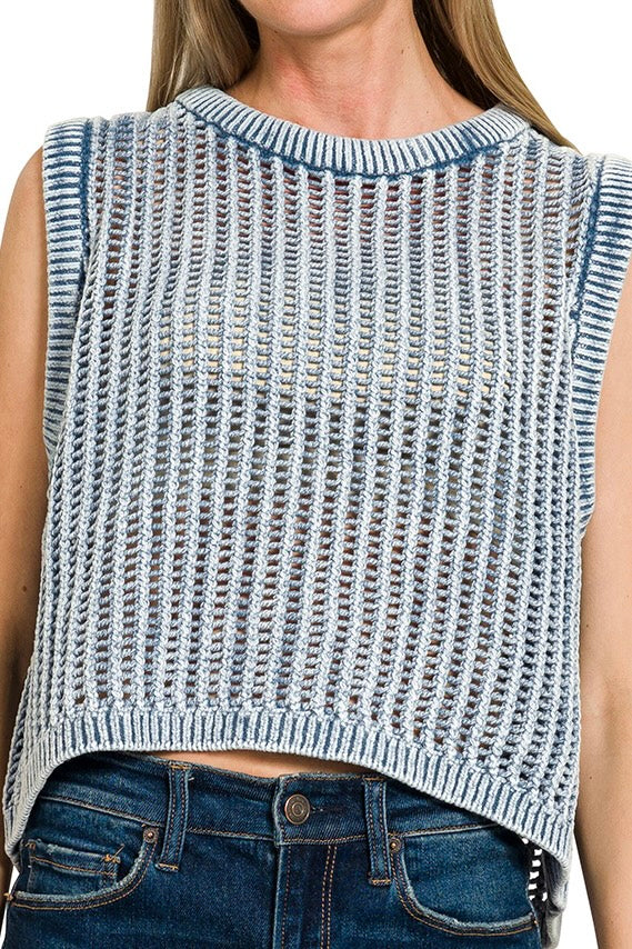 ACID WASHED FISHNET STYLE SWEATER VEST