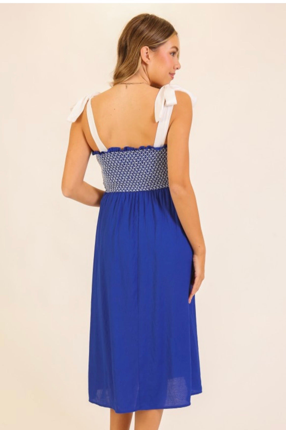 SMOCKED SHIRRED TOP MIDI DRESS WITH TIE STRAPS