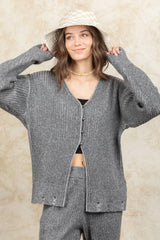 LONG SLEEVE SWEATER CARDI WITH DISTRESSED HEM