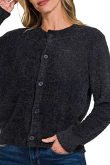 LONG SLEEVE CHENILLE BUTTON DOWN SWEATER
