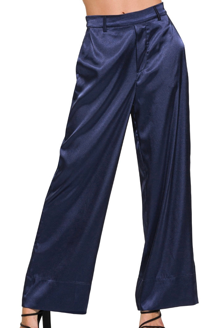 WIDE LEG SATIN PANTS WITH POCKETS