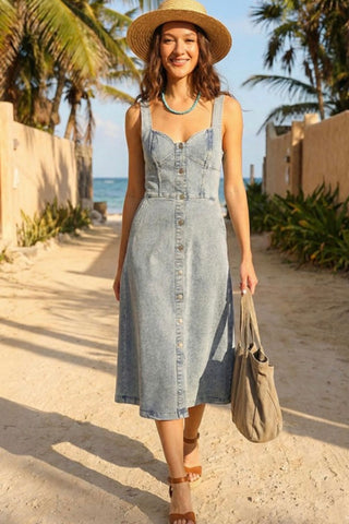 BUTTON DOWN MIDI DENIM DRESS WITH SWEETHEART NECKLIINE