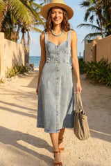 BUTTON DOWN MIDI DENIM DRESS WITH SWEETHEART NECKLIINE