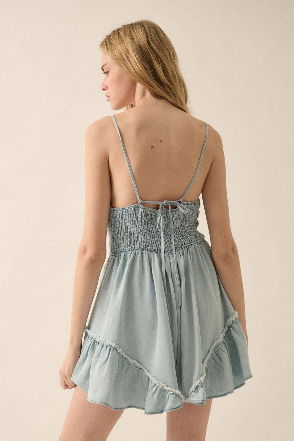 DENIM ROMPER WITH DOUBLE TIE DETAIL