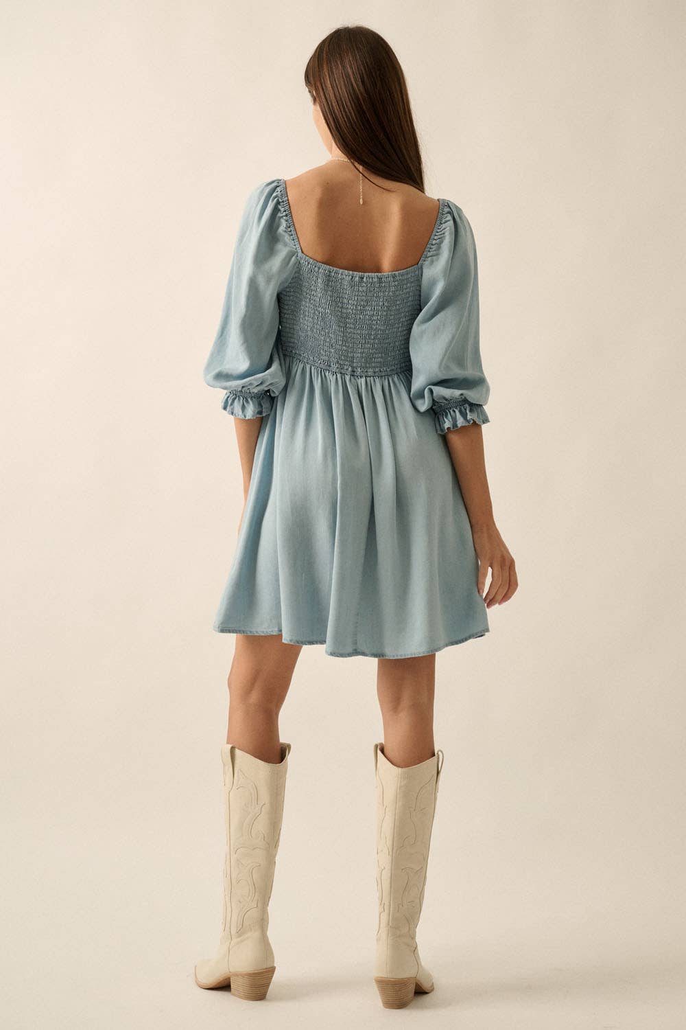 DENIM 3/4 SLEEVE SQUARE NECK DRESS WITH SMOCKED BACK