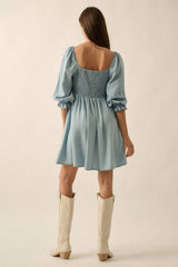 DENIM 3/4 SLEEVE SQUARE NECK DRESS WITH SMOCKED BACK