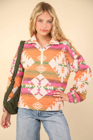 LONG SLEEVE AZTEC PRINT PULLOVER ZIP HENLEY