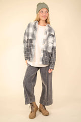 LONG SLEEVE MIXED PLAID BUTTON DOWN TOP WITH FRAYED HEM