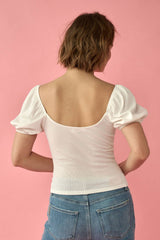 PUFF SLEEVE KNIT TOP WITH HOOK AND EYE DETAIL