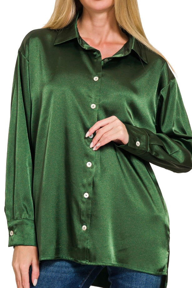 LONG SLEEVE RELAXED FIT SATIN BUTTON DOWN TOP WITH SHELL BUTTONS