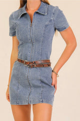 SHORT SLEEVE ZIPPER FRON COLLARED DENIM DRESS