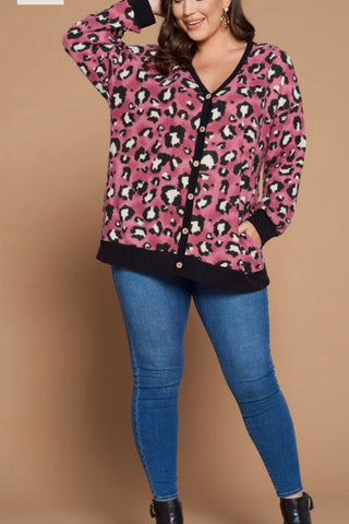 CURVY LONG SLEEVE BRUSHED BUTTON DOWN LEOPARD PRINT CARDI