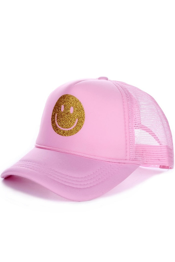 BE HAPPY GLITTER SMILEY FACE TRUCKER HAT