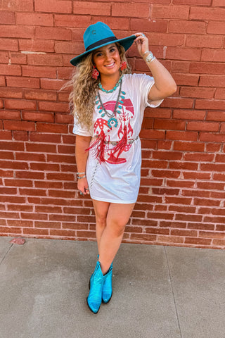 SHORT SLEEVE TSHIRT DRESS WITH SEQUIN BOOT GRAPHIC AND FRINGE
